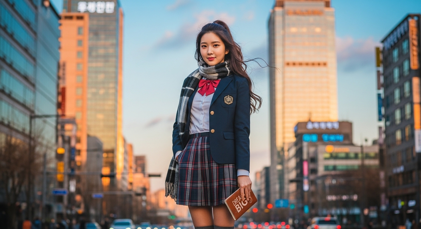 도심 배경 앞에 서 있는 세련된 교복을 입은 현대 고등학생 소녀