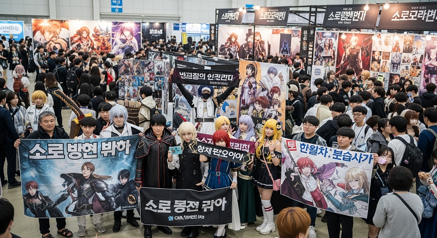 코믹 컨벤션에서 솔로 레벨링 캐릭터로 분장한 팬들의 모습