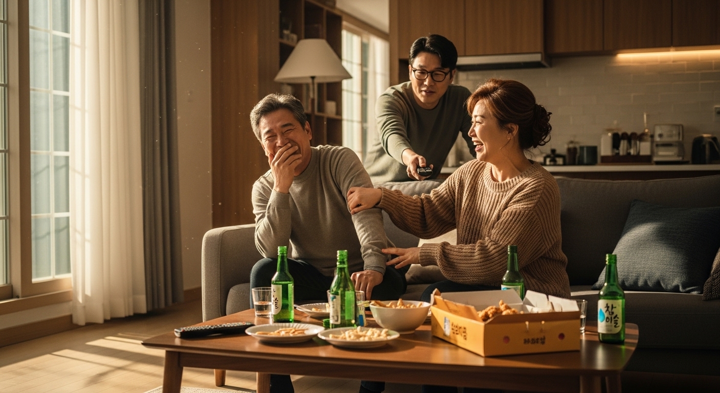 중년 여성 세 친구가 한국 가정집에서 웃고 있는 장면