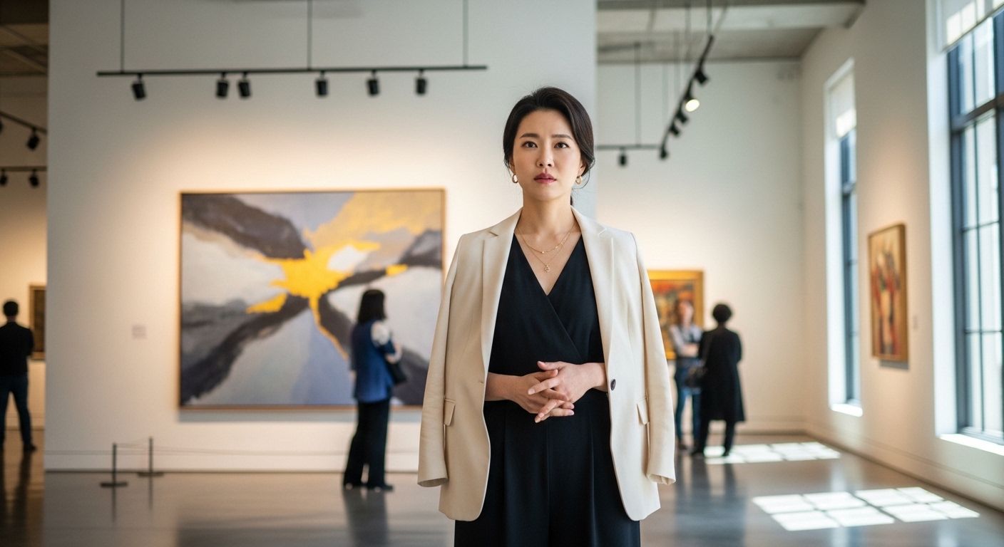 고급 갤러리에서 개인적 고민을 안고 있는 우아한 예술 감독
