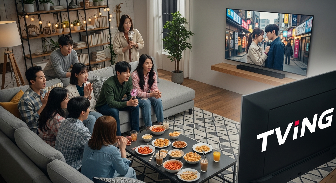 TVING을 통해 새 드라마를 시청하는 한국의 드라마 팬들이 있는 현대적인 거실