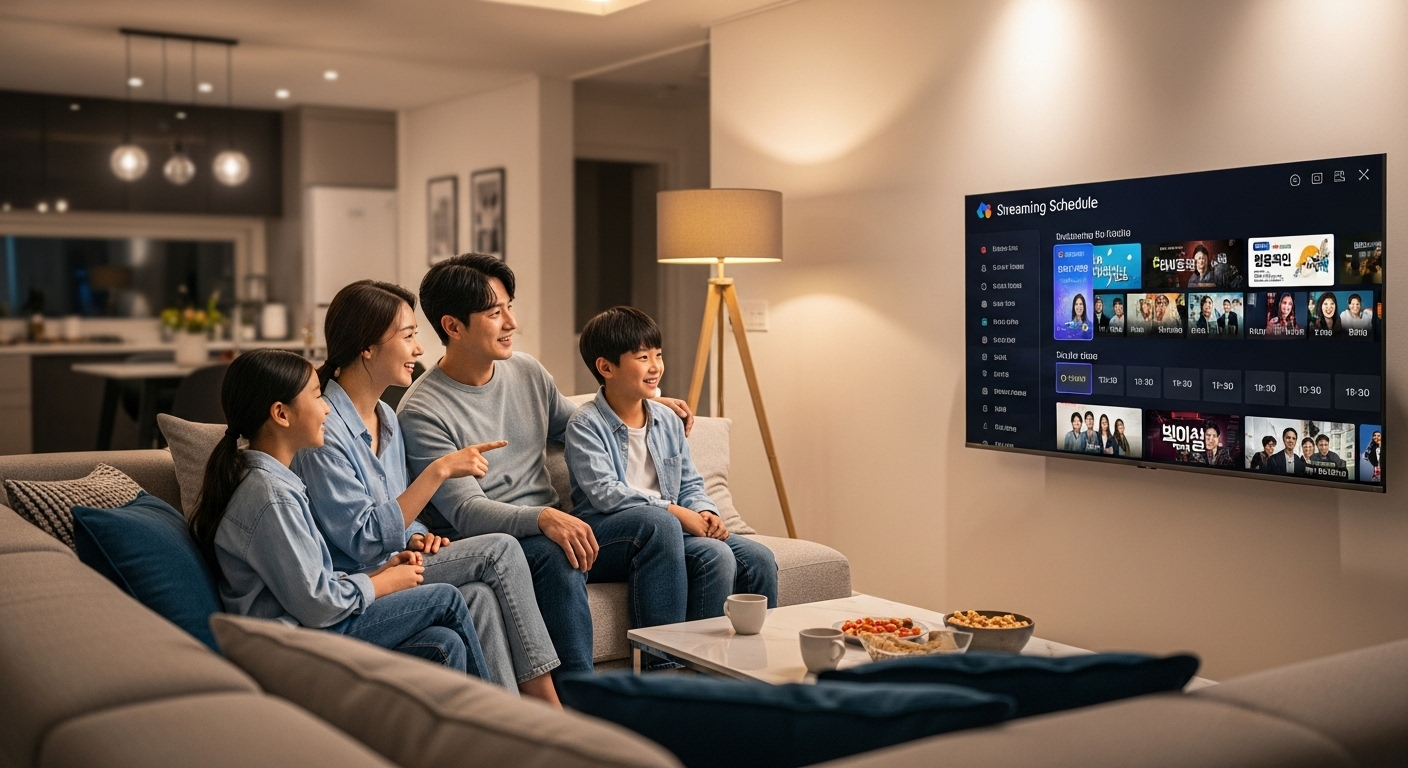 저녁에 TV 앞에 모여 방송 일정을 확인하며 드라마를 시청하는 현대적인 한국 가족