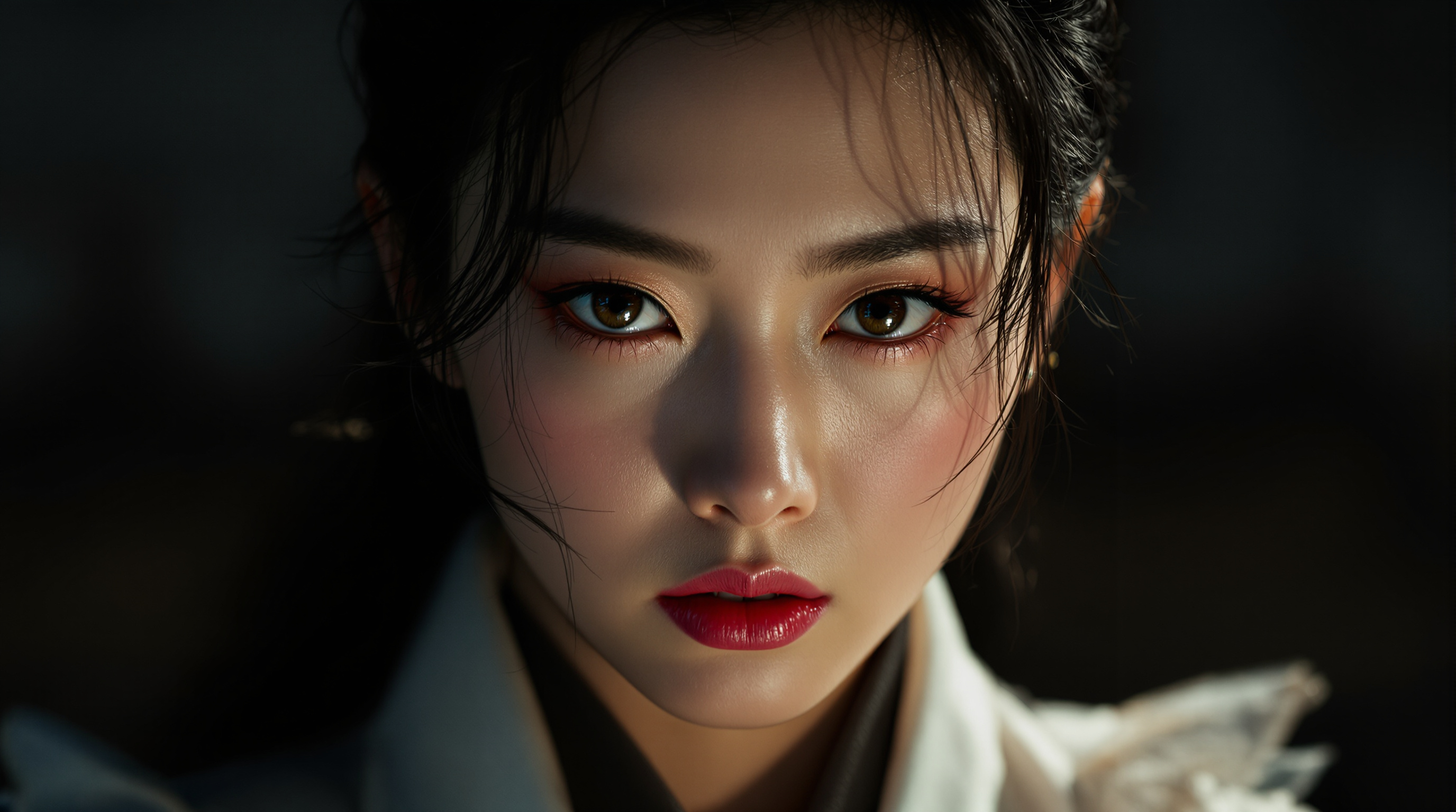 배역으로 변신한 김유정 배우의 강렬하고 세련된 모습이 담긴 초상화