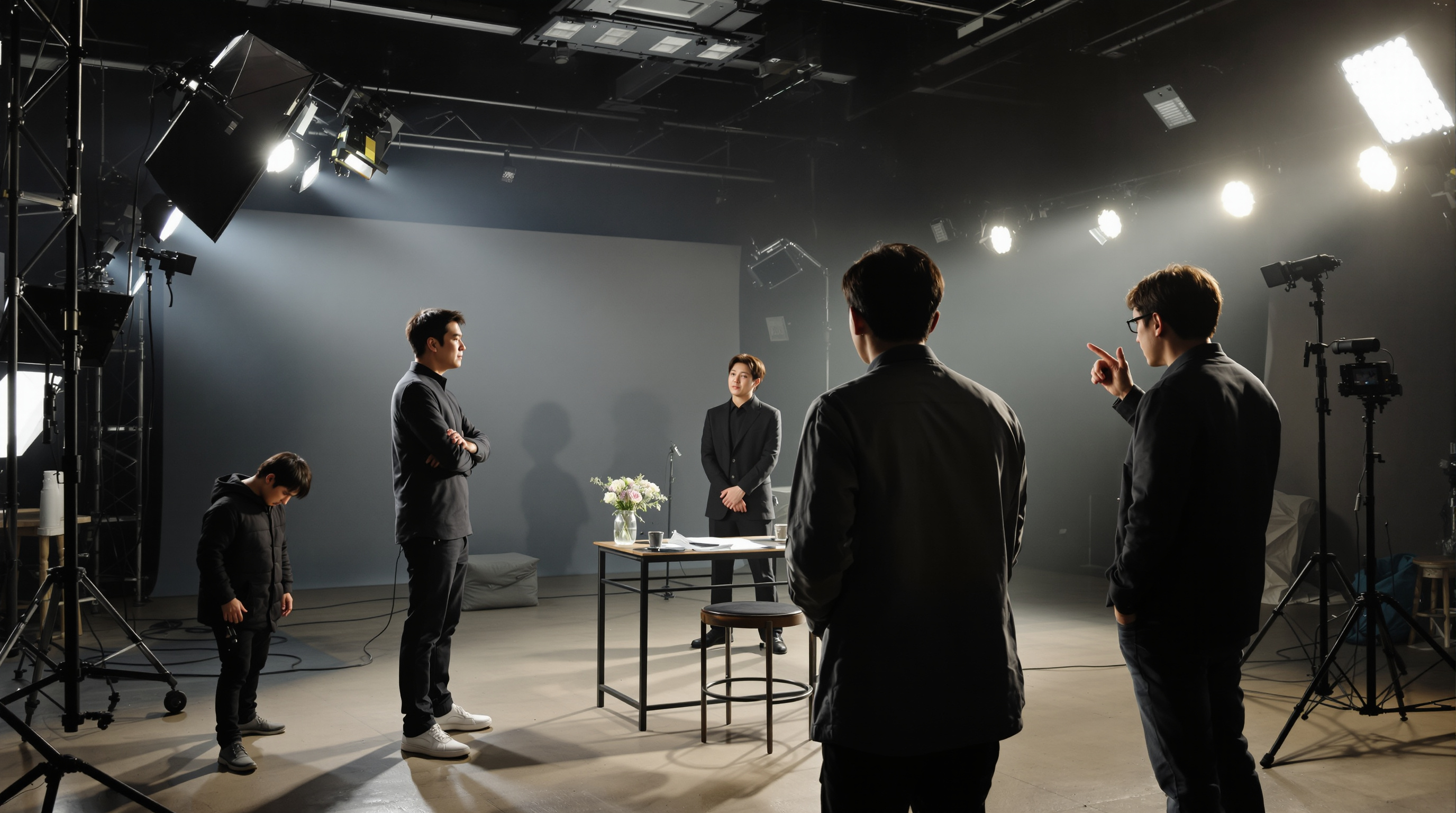 이응복 감독이 스튜디오에서 배우들과 장면을 논의하고 있는 한국 드라마 촬영 현장