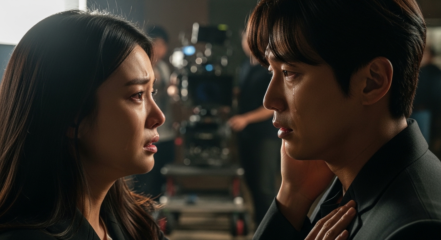 감정적인 장면을 연기 중인 두 한국 배우들의 클로즈업 모습