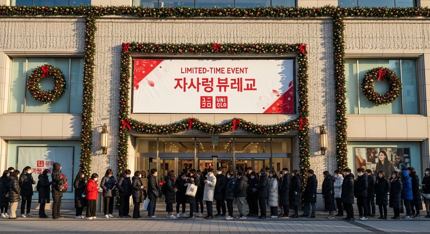 아침 일찍 유니클로 매장 앞에 줄을 서 있는 한국의 쇼핑객들