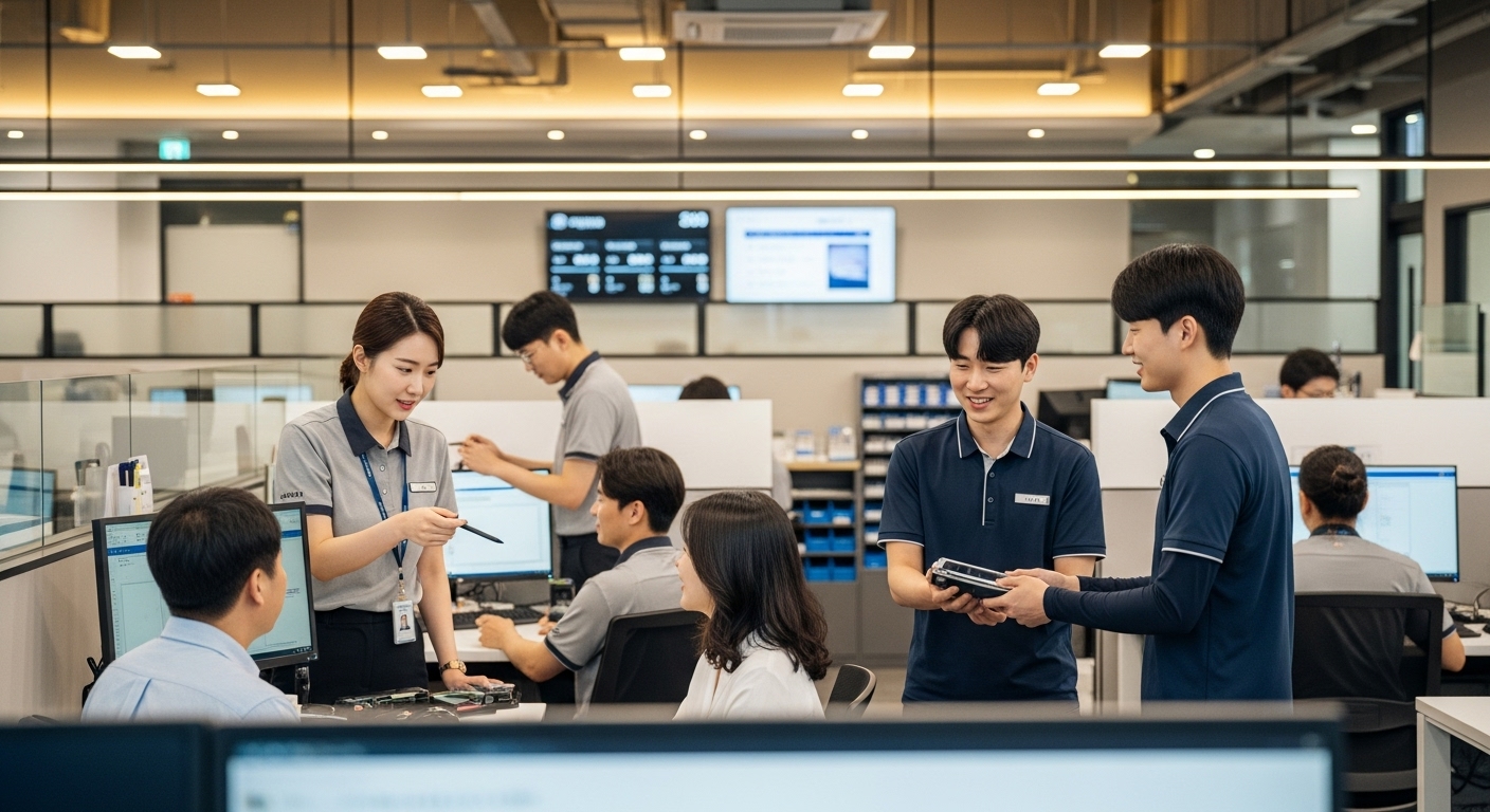 현대적인 IT 서비스 센터에서 고객 지원을 제공하는 전문가들