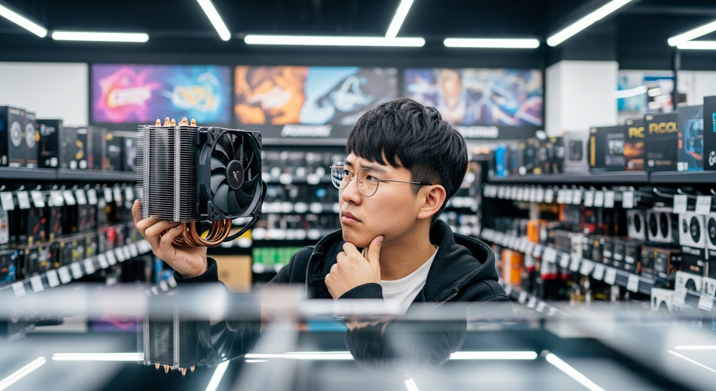젊은 남성이 전자제품 매장에서 컴퓨터 쿨러를 살펴보는 모습