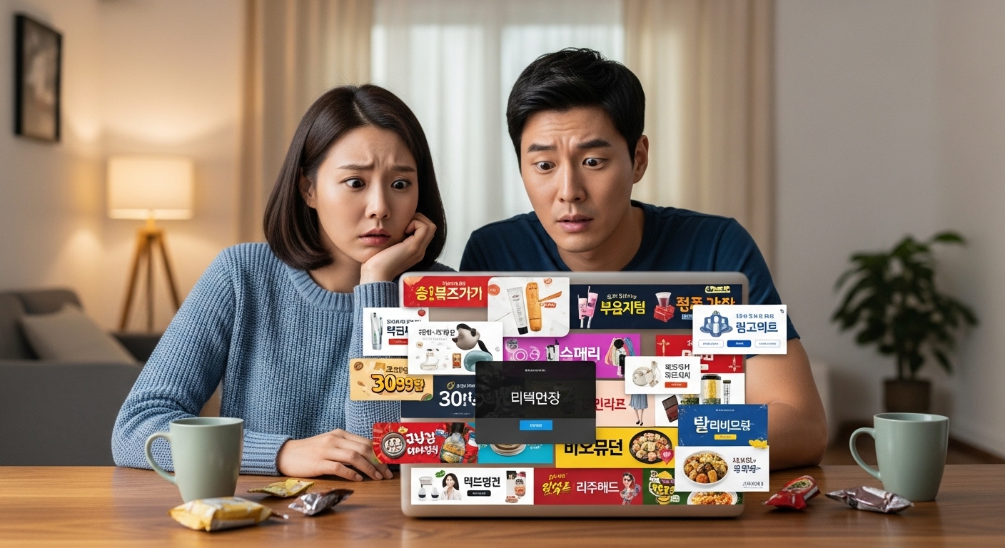 온라인 쇼핑 배너와 팝업으로 둘러싸인 커플의 혼란스러운 모습