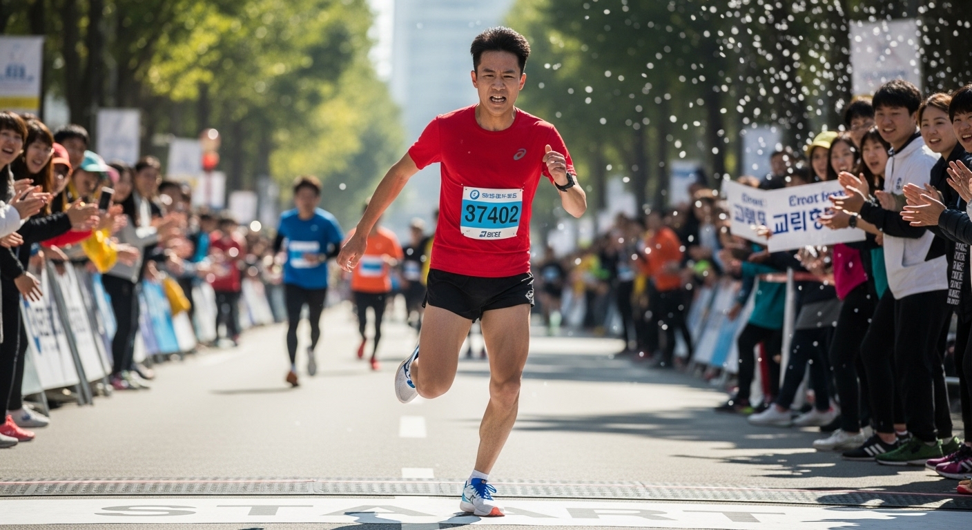 마라톤 출발선에서부터 전력 질주하는 젊은 한국 남성