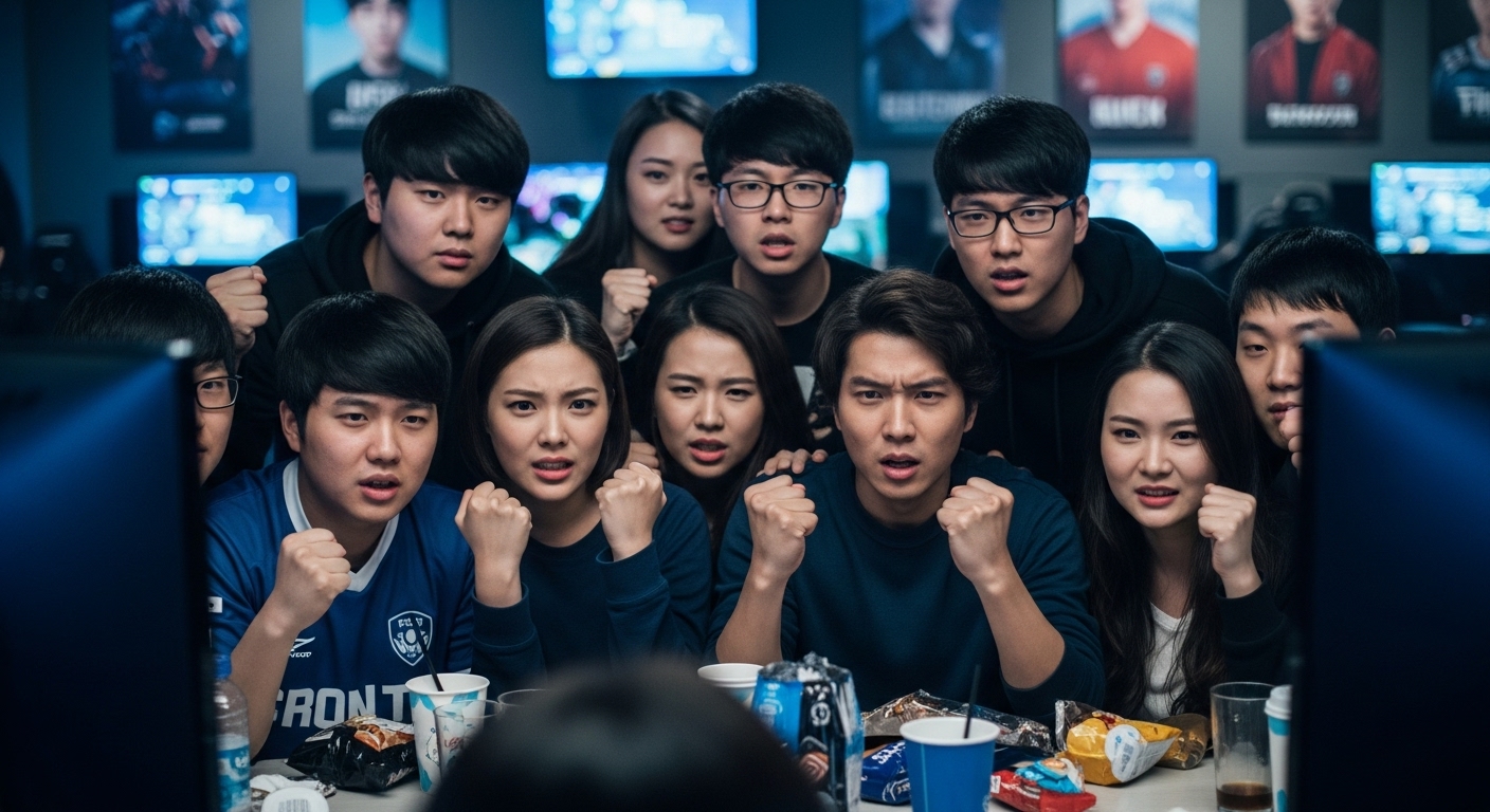 e스포츠 카페에서 혼란스러운 표정을 짓고 있는 팬들