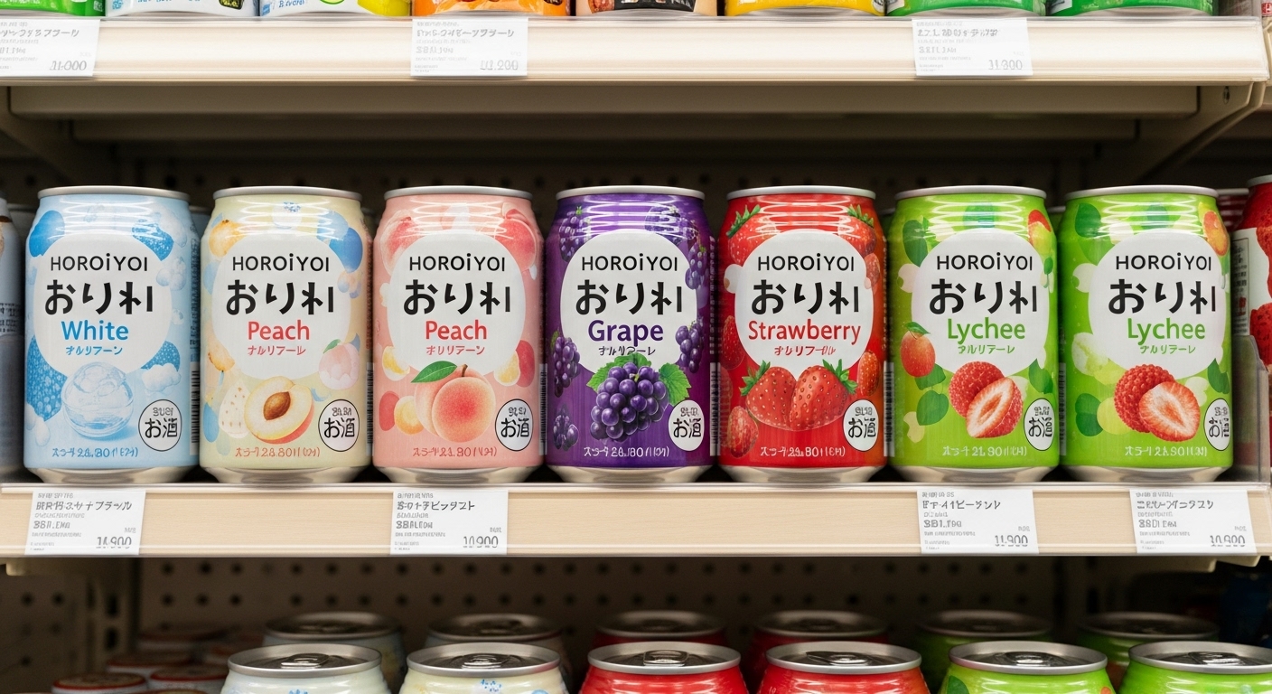 여러 가지 맛의 호로요이 캔들이 선반에 깔끔하게 배열된 장면