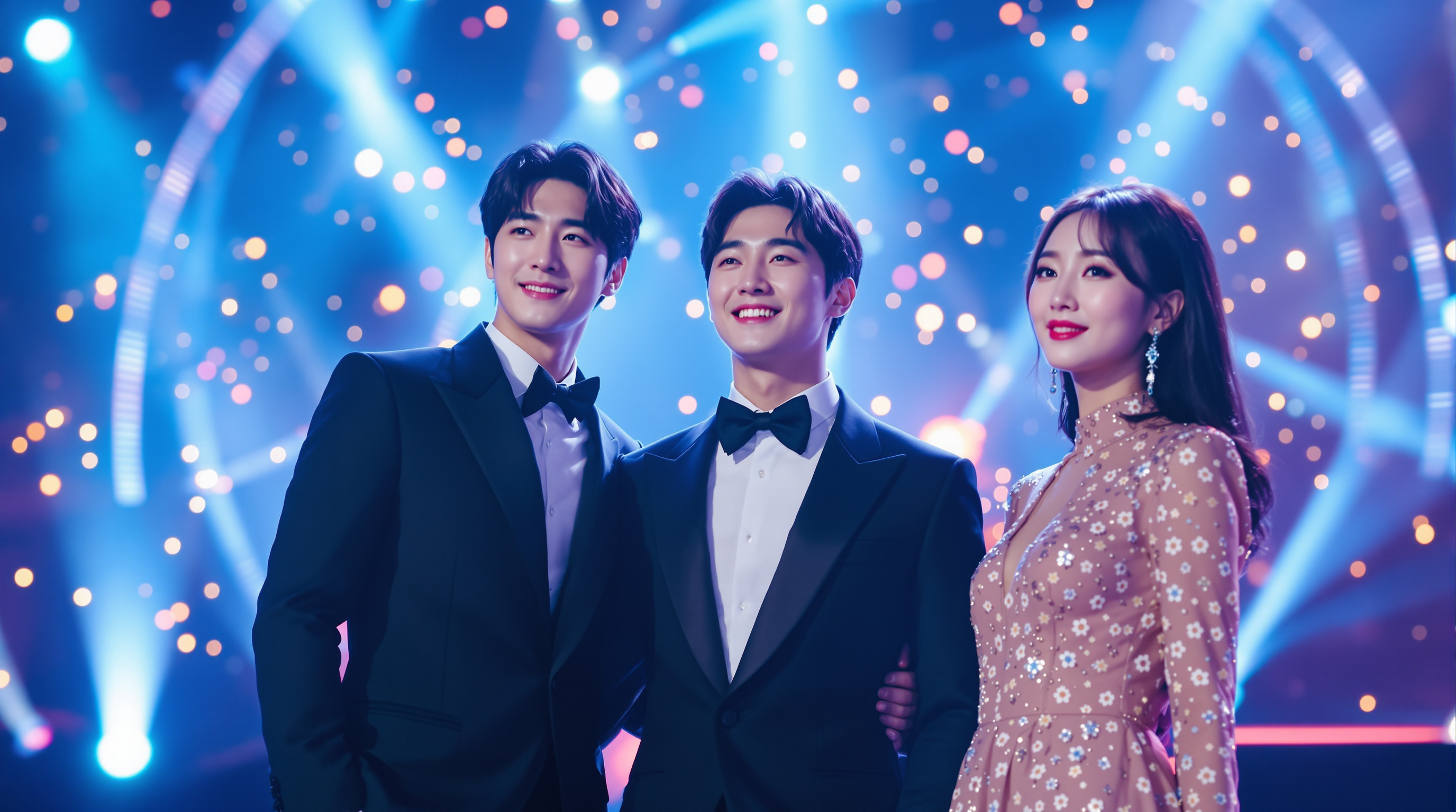 이민호, 정은채, 윤여정이 수상식에서 포즈를 취하고 있는 모습