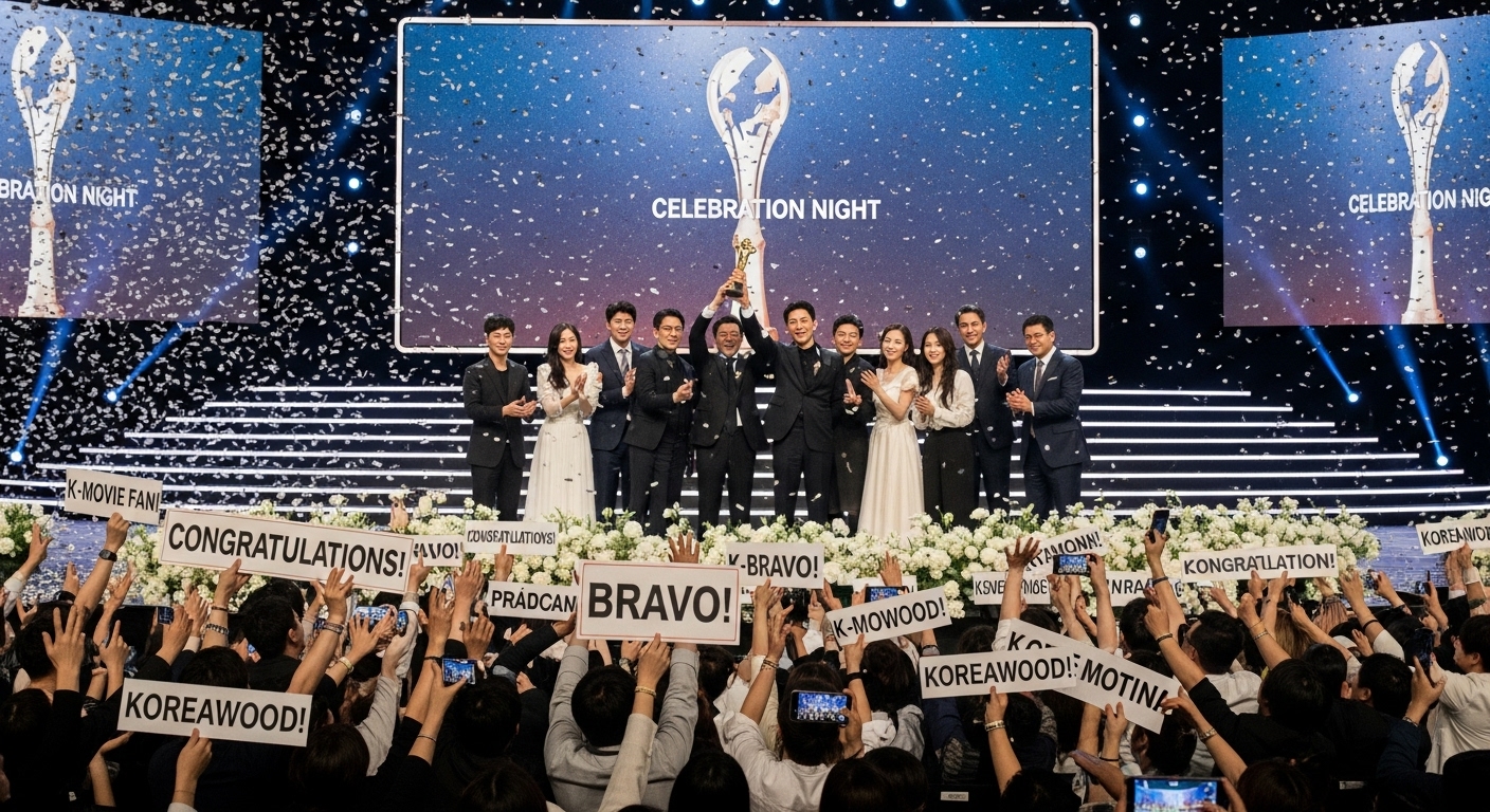 국제 영화제 무대에서 팬들과 함께 성공을 축하하는 한국 배우들