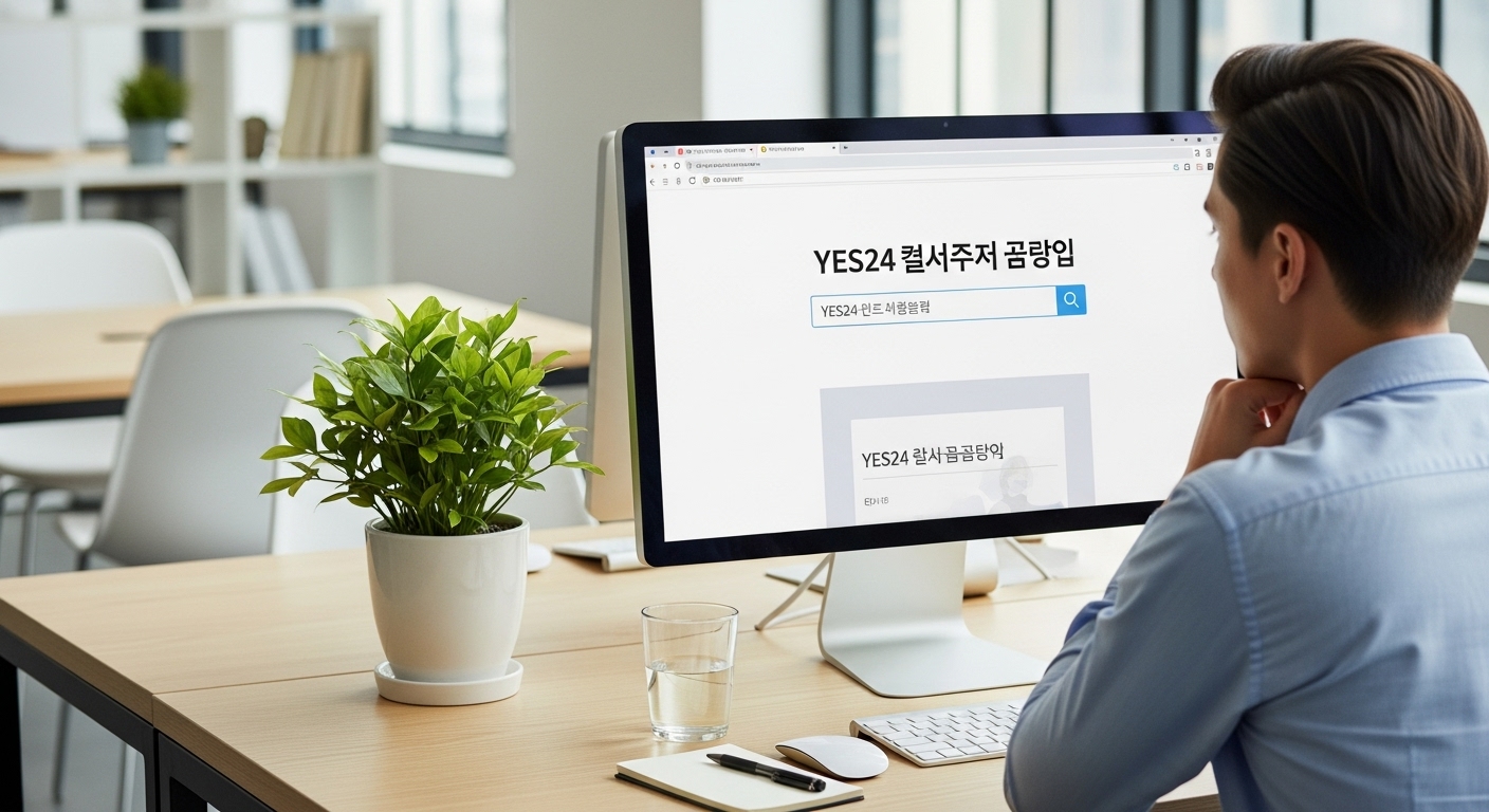 현대적 사무실에서 컴퓨터로 예스24 상품권 환불 정책을 조회하는 직장인 모습