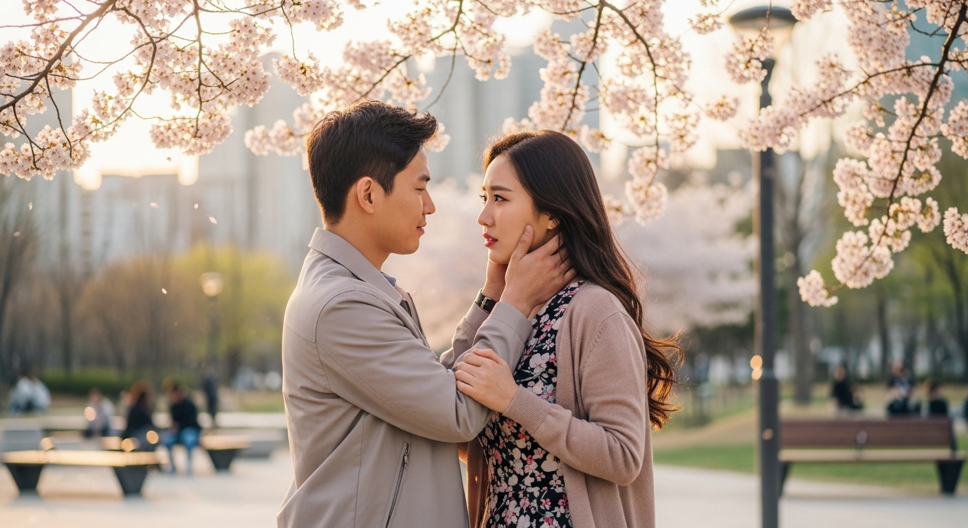 봄날 벚꽃 아래 도시 공원에서 달콤한 순간을 공유하는 커플의 모습에 긴장감이 미묘하게 어우러진 장면