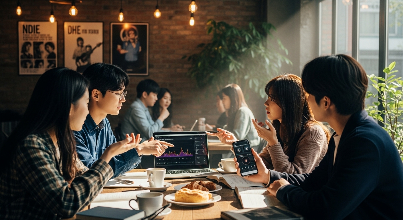 홍대 트렌디한 카페에서 디지털 플랫폼과 문화적 영향에 대해 토론하는 대학생들
