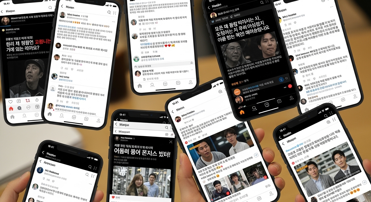 온라인 플랫폼에서 유명인 사건에 대해 열띤 토론 중인 사람들