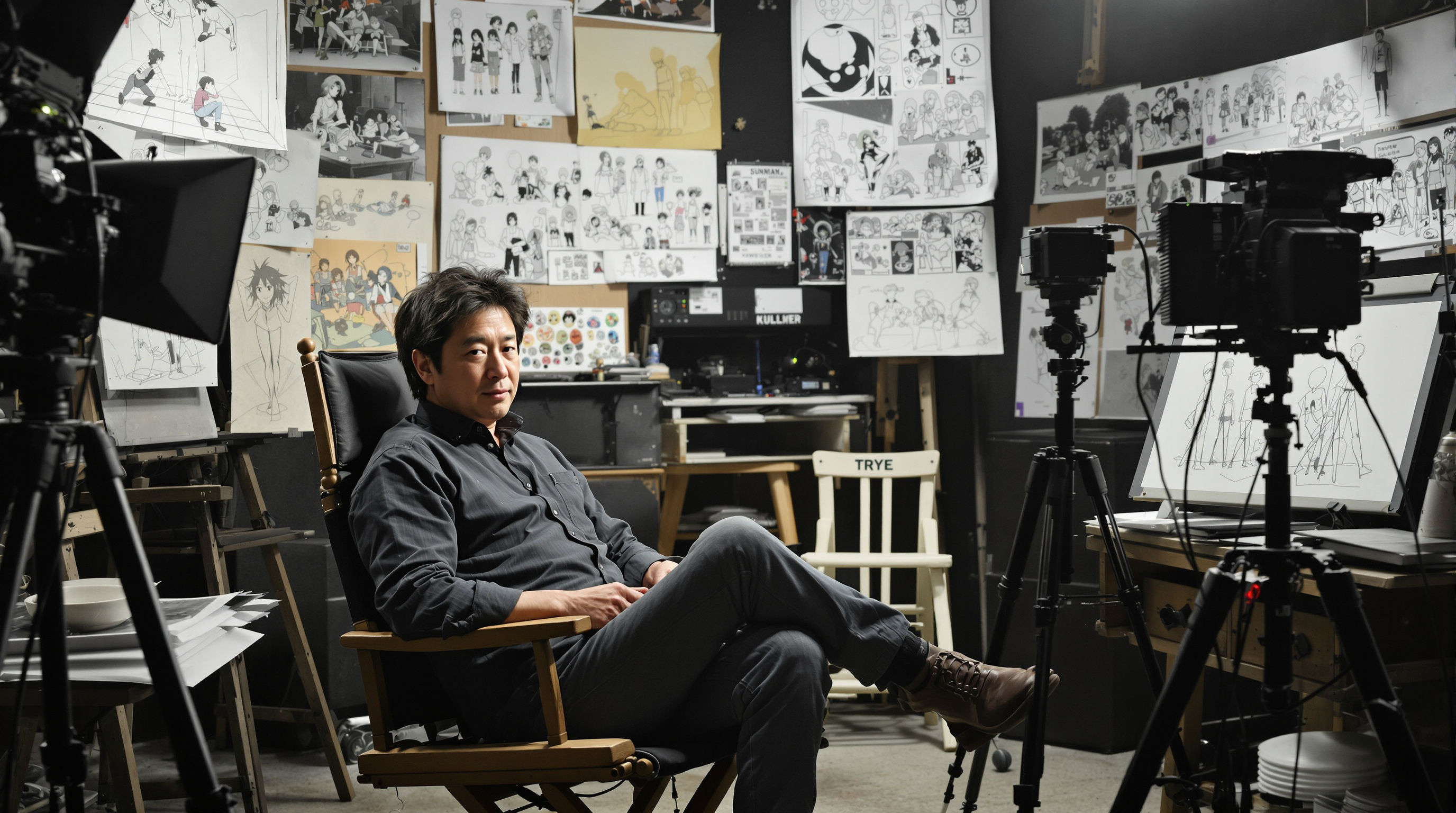 나가이 신페이가 애니메이션 스토리보드와 장비에 둘러싸인 모습