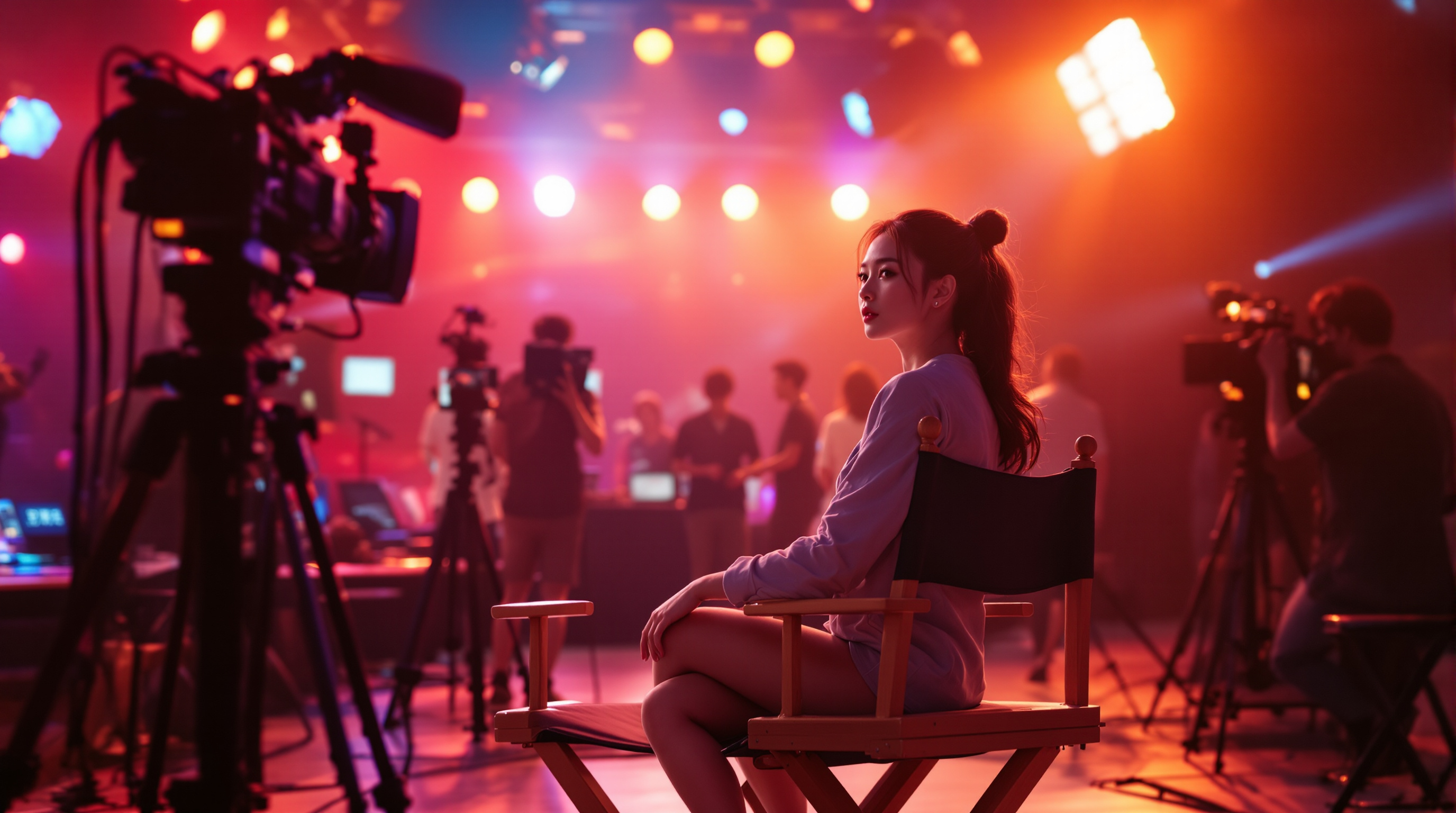 스튜디오 세트에서 감독 의자에 앉아 있는 김연경