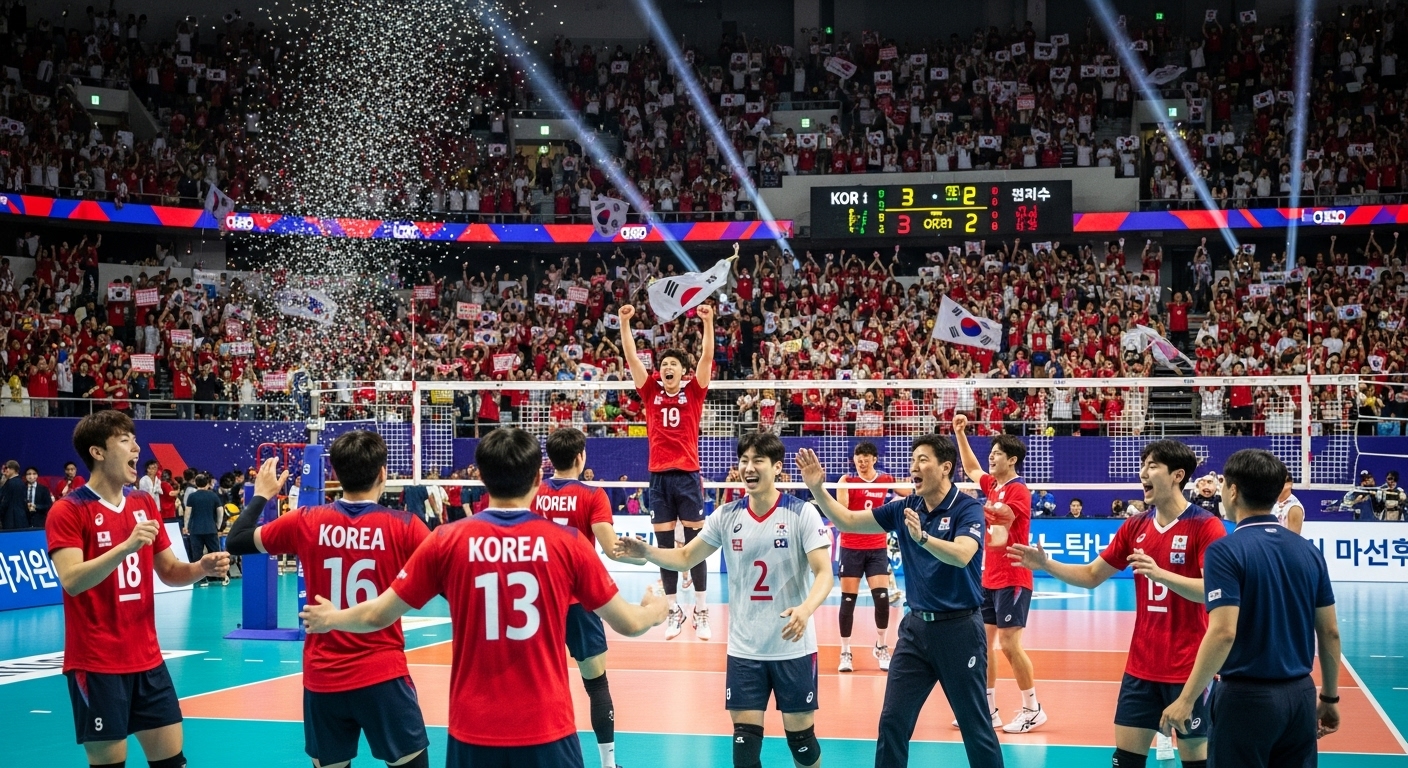 가득 찬 경기장에서 열정적으로 응원하는 팬들과 함께 승리를 축하하는 한국 배구팀
