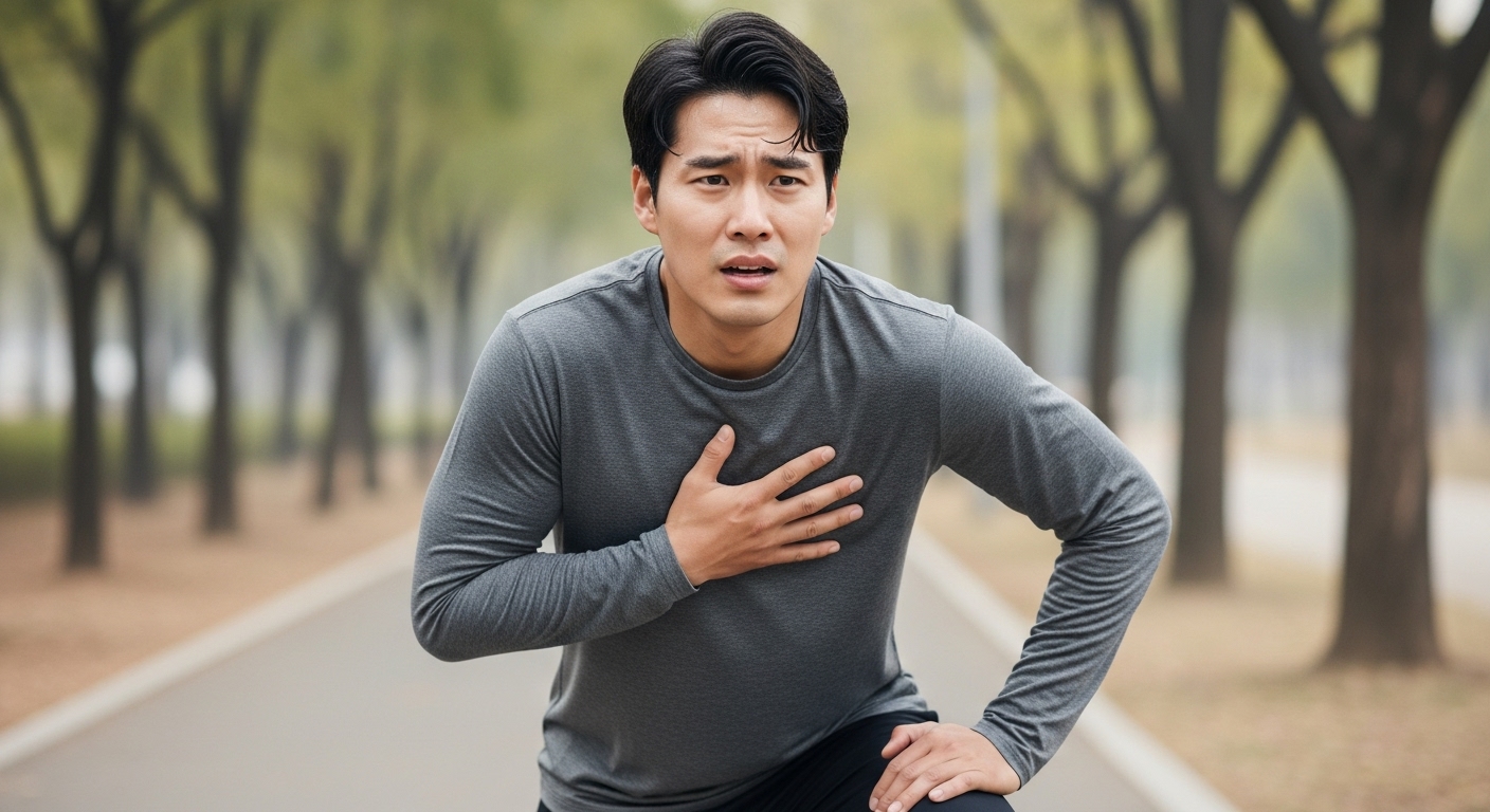 운동 중 가슴 통증을 느끼는 한국 남성의 모습