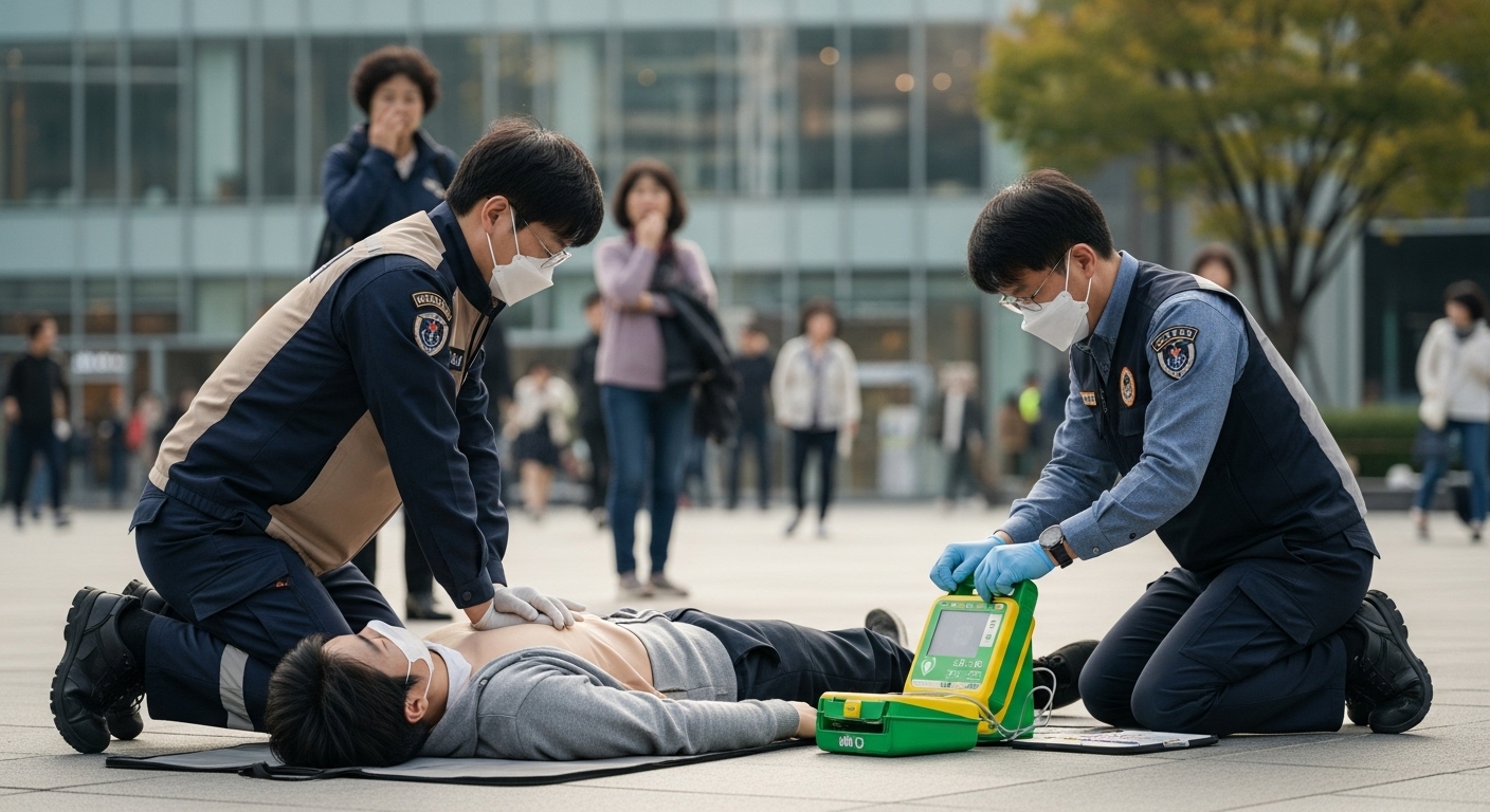 공공장소에서 한국 구급대가 의식 없는 사람에게 심폐소생술을 시행하는 장면