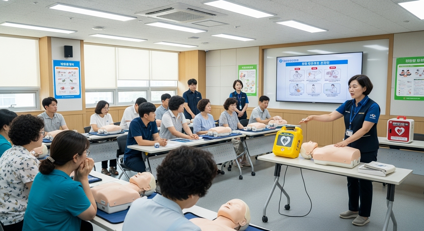 한국에서 사람들이 전문가로부터 심폐소생술과 자동제세동기 사용법을 배우는 공개 세미나 장면