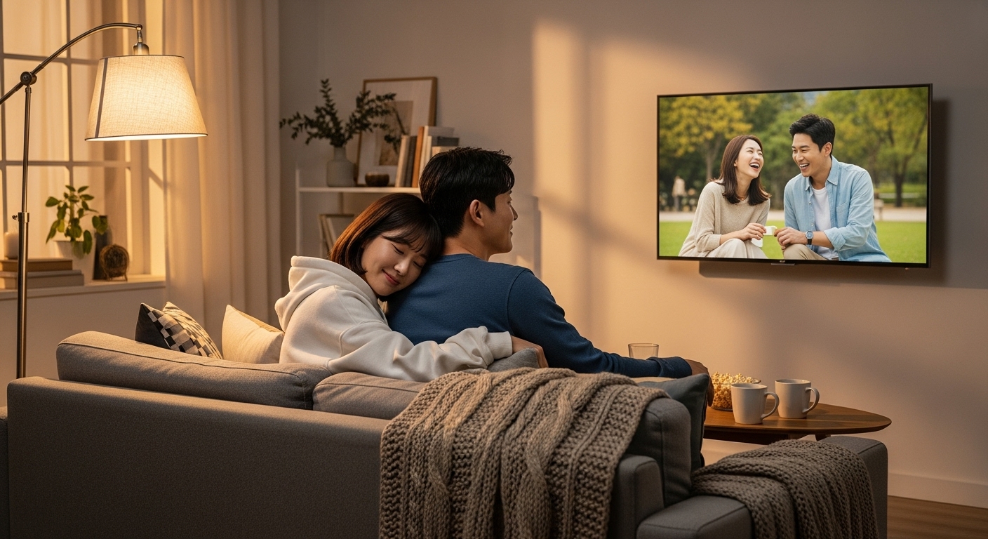 한국 커플이 현대적인 거실에서 TV로 로맨틱 코미디를 시청하는 모습