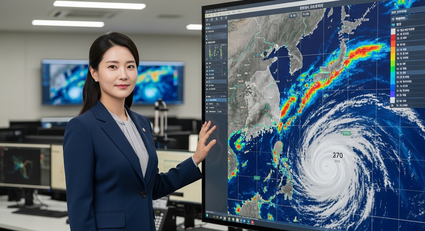 기상학자가 디지털 화면 앞에서 상승하는 해수 온도와 태풍 형성을 설명하는 모습