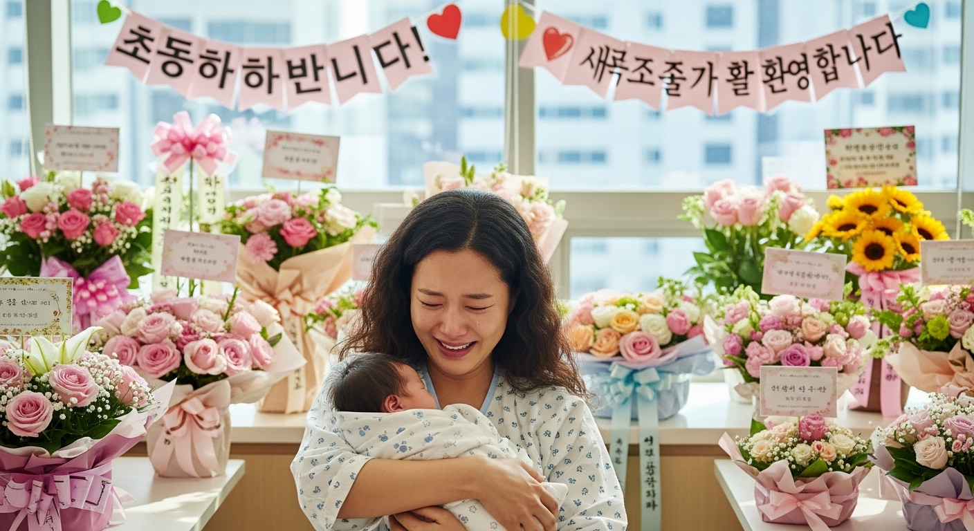 병실에서 신생아를 안고 있는 배우와 축하 메시지들