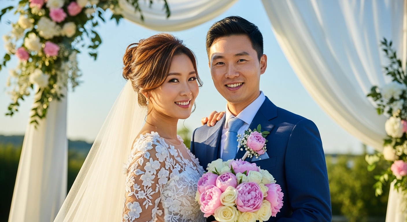 야외 결혼식장에서 미소 짓는 커플