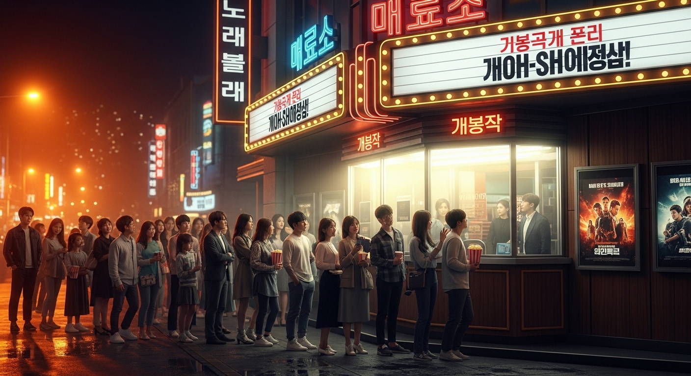 한국 영화관 티켓 부스 앞에서 블록버스터 영화 개봉을 기다리는 관객들