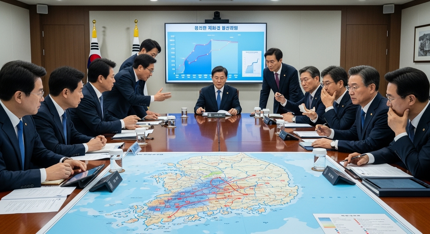 수자원 위기 지도 앞에서 회의 중인 한국 관리들의 긴장된 모습