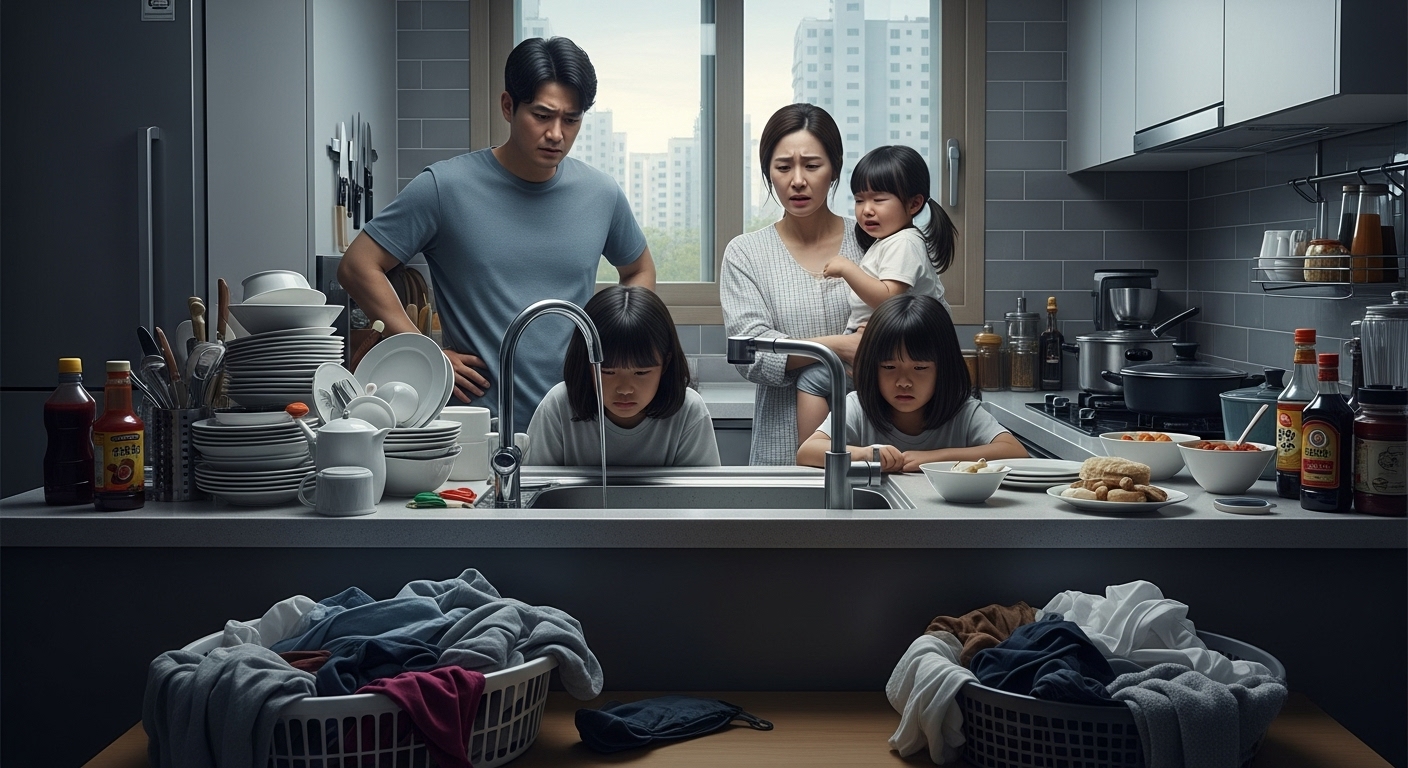 물이 나오지 않아 주방에서 곤란해하는 가족과 쌓여있는 설거지 거리