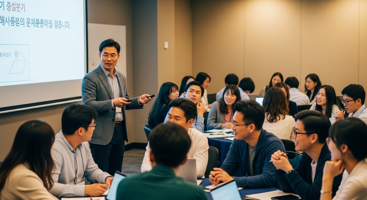 젊은이들에게 세미나를 진행하는 한국인 목사와 다양한 청중들