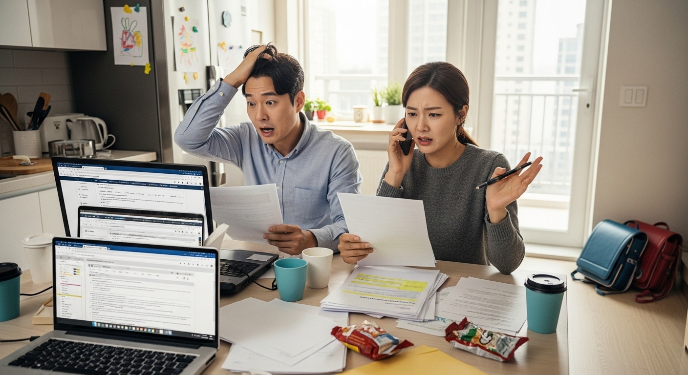 여러 장소에서 다양한 학교 지원서를 관리하며 바쁜 한국 부모들의 모습