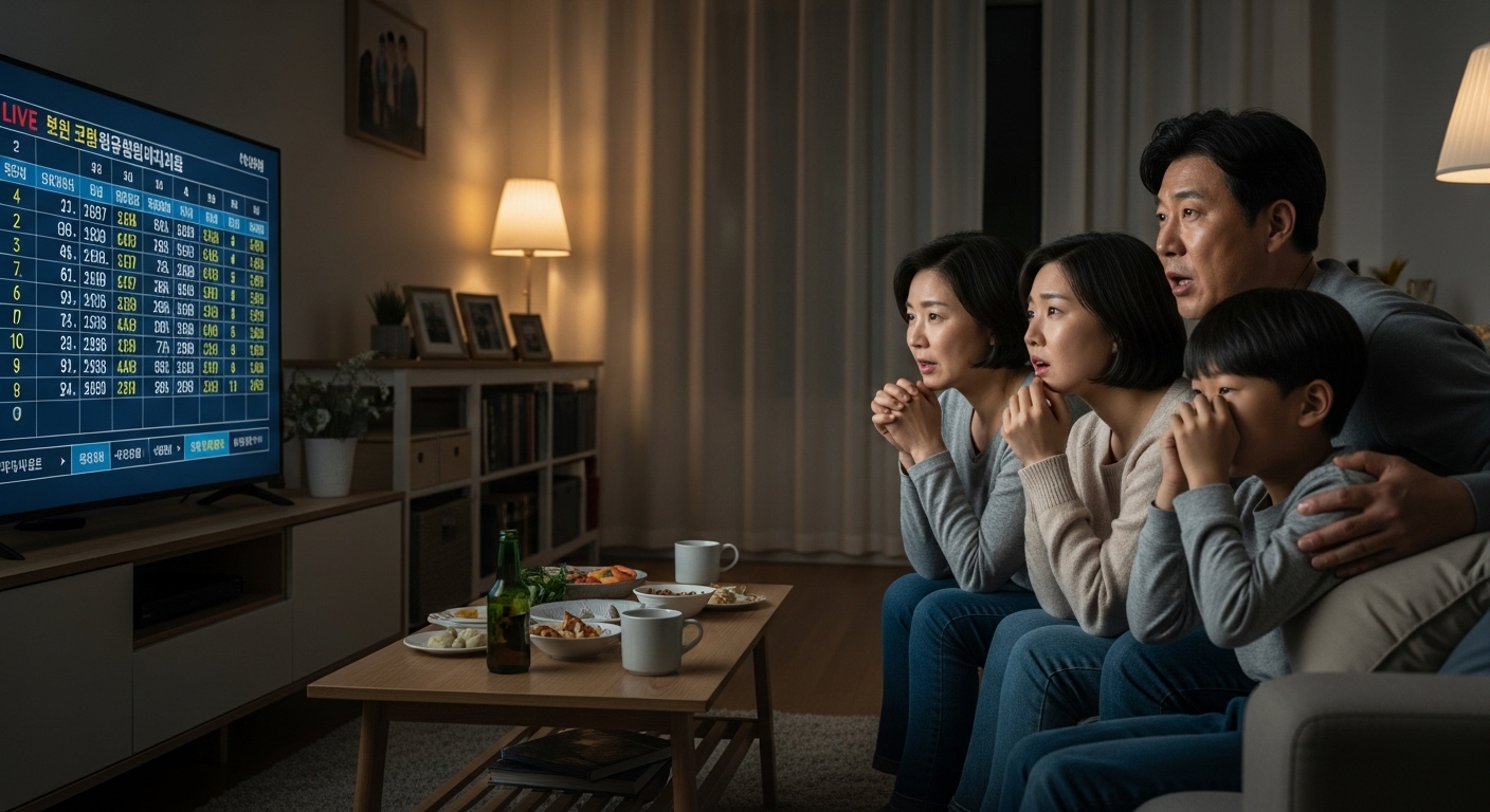 집에서 생중계로 학교 입학 추첨을 시청하는 가족들