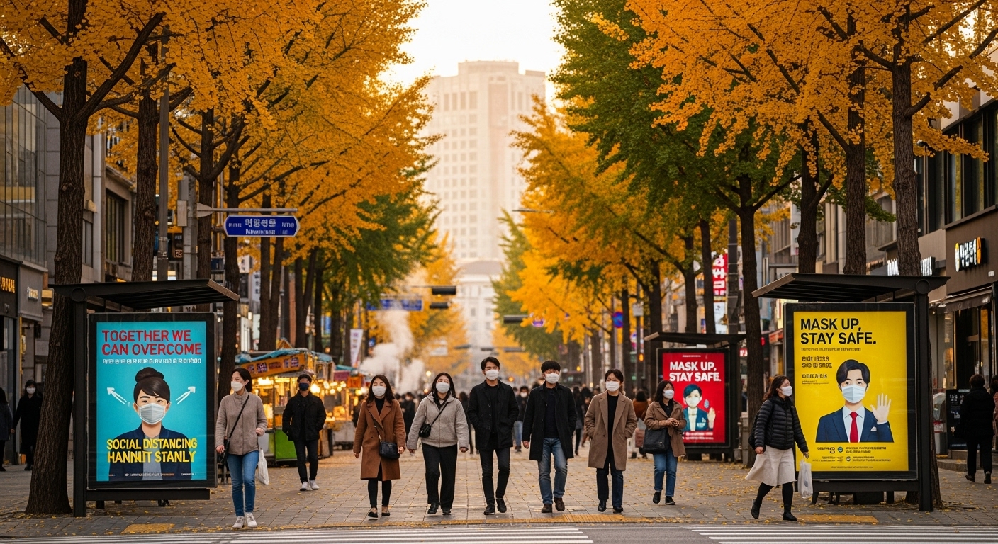 가을 도시 풍경 속에서 마스크를 쓴 사람들이 건강 캠페인 포스터가 붙은 벽 앞을 지나가는 모습