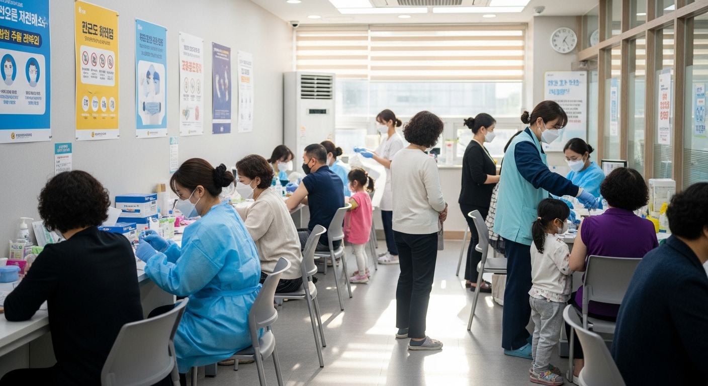 독감 예방접종을 받고 있는 환자들과 의료진의 모습이 강조된 한국 병원 내 장면
