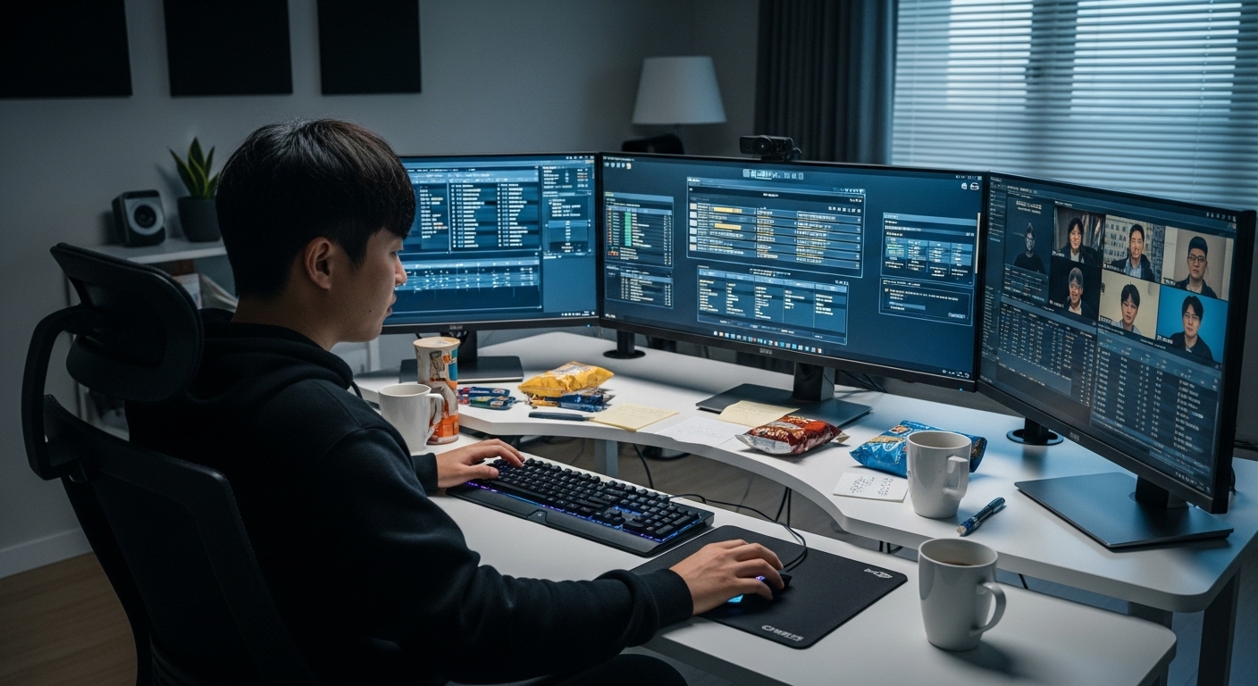 다양한 화면으로 고급 퀴즈 챌린지를 준비하며 집중하고 있는 한국 남성의 모습
