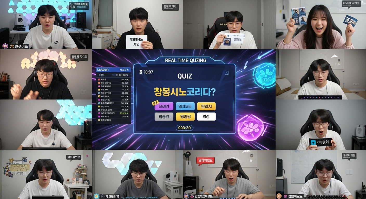 온라인에서 비디오 채팅으로 실시간 퀴즈를 경쟁하며 활기찬 분위기를 자아내는 한국인들의 모습