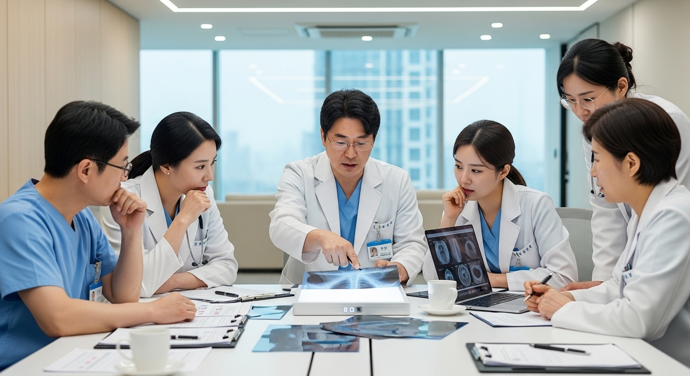 전문적인 모습으로 환자 케이스 파일을 검토하는 경험 많은 한국 의사들