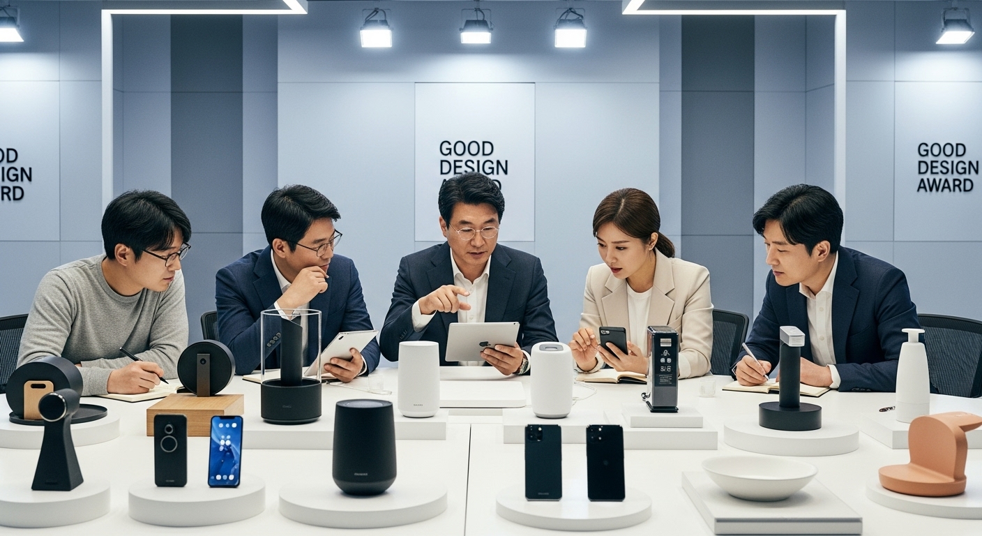 여러 제품을 평가하는 한국 디자인 전문가들의 모습