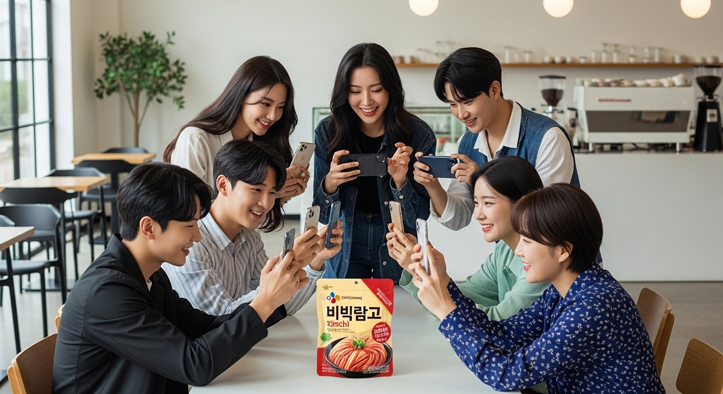 카페에서 스마트폰으로 잇김치 패키지를 촬영하는 젊은 세대