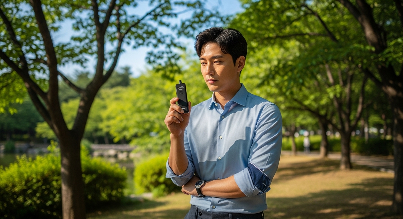 공원에서 레딜제로 전자담배를 들고 금연을 고민하는 현대 남성