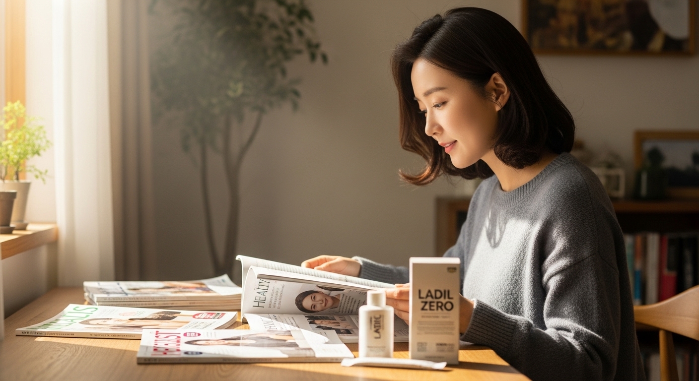 책상 위에 건강 잡지와 함께 레딜제로를 두고 햇빛이 비치는 창문 옆에 앉아 있는 여성을 표현