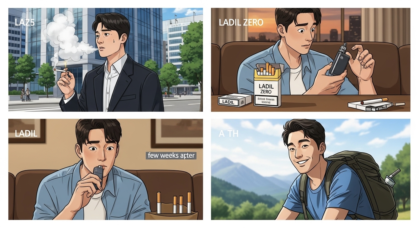 담배에서 시작해 레딜제로로 점차 금연하는 과정을 네 프레임으로 보여주는 일러스트
