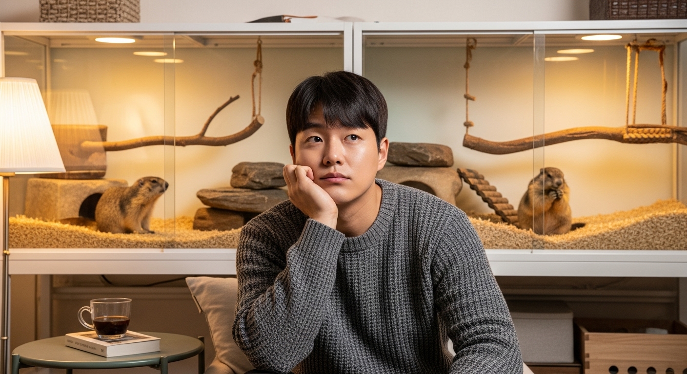 반려동물로서 마멋의 선택에 대해 고민하는 사람의 모습