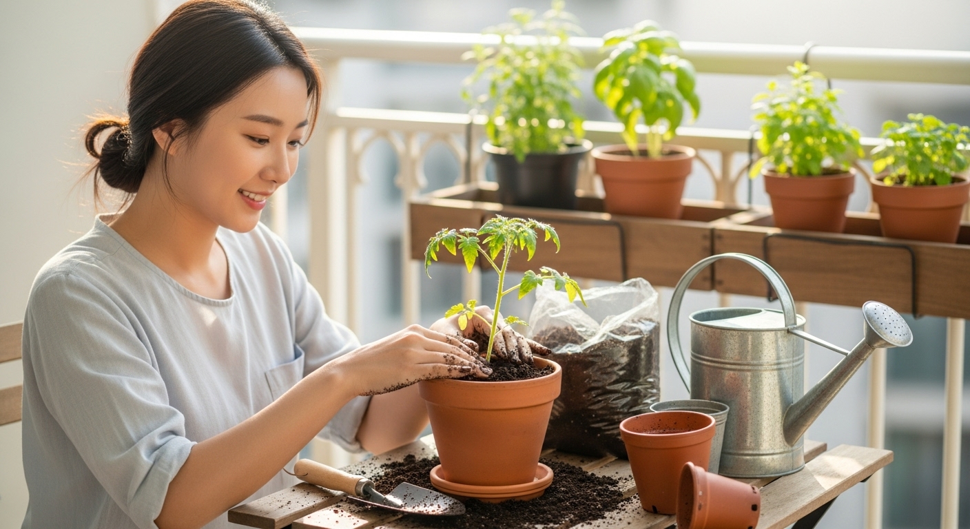 젊은 여성이 베란다에서 작은 화분에 방울토마토를 심고 있는 모습